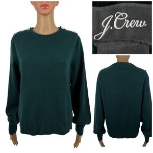J Crew Womens Medium Crewneck Sweater Lambs Wool Jeweled Buttons AE990 Green NWT